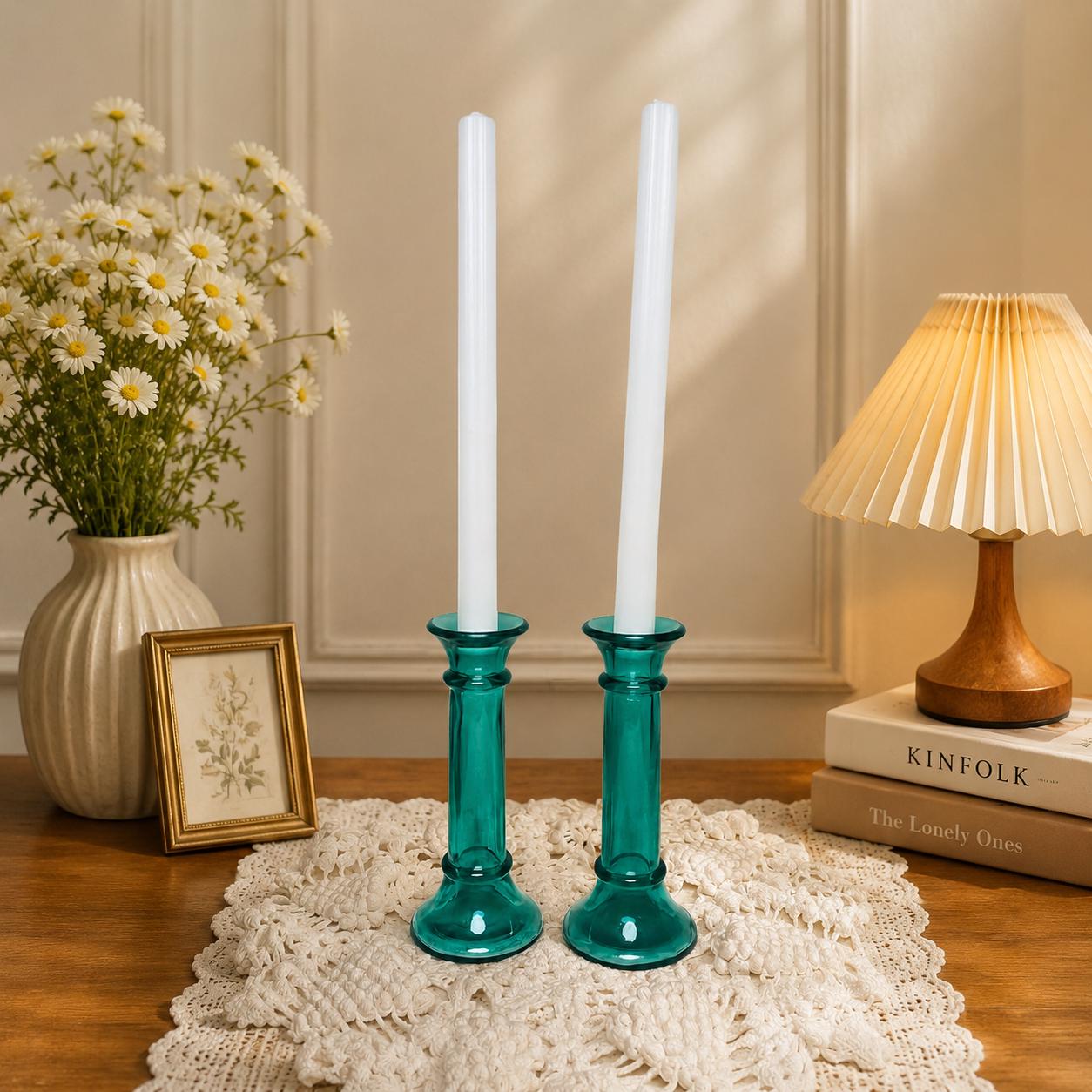 Vintage Green Glass Candlesticks - Etsy