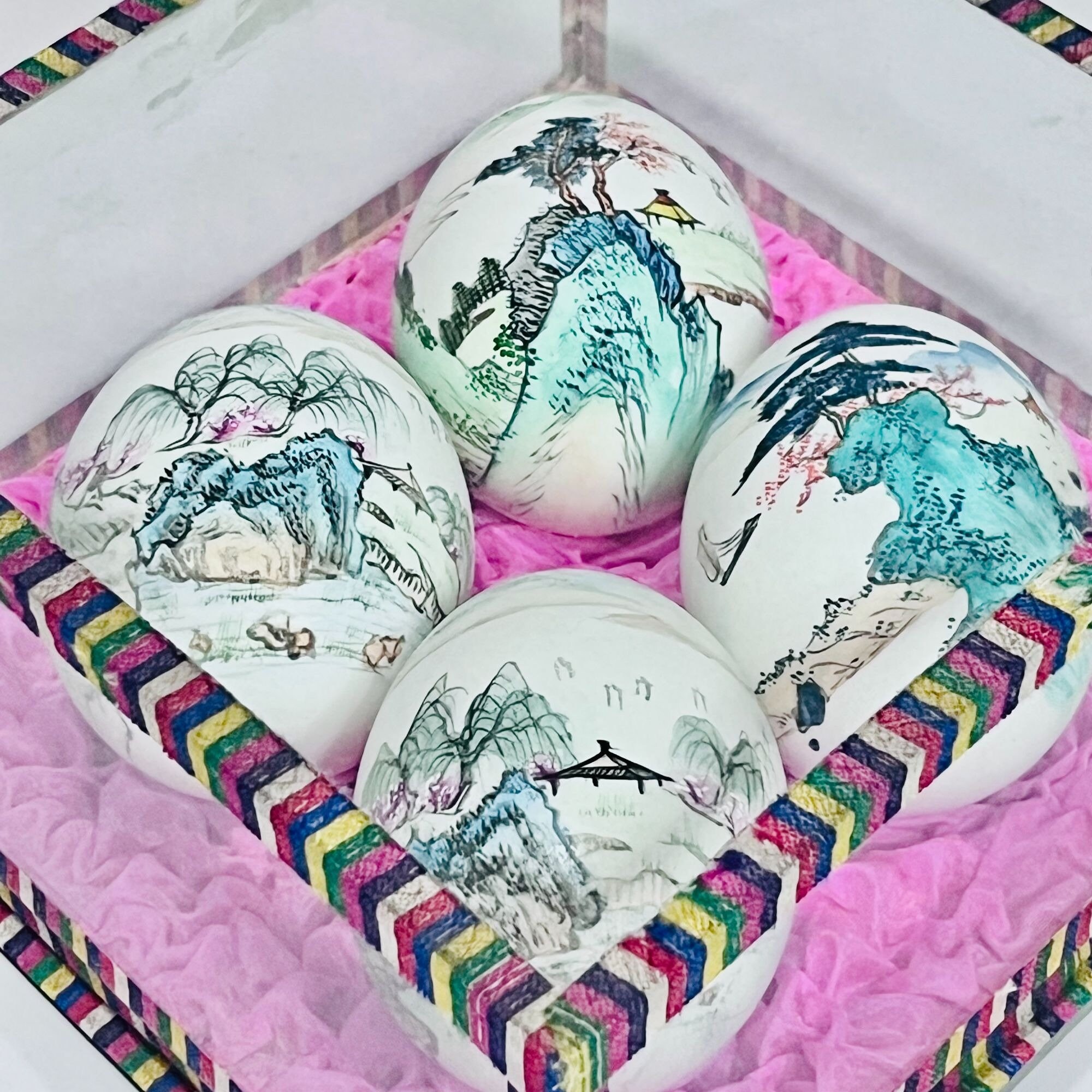 Vintage. Asian Hand Painted Eggs. Under Glass Etsy