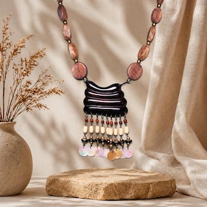 Vintage boho statement ketting houten kraal schelp franje hanger ketting