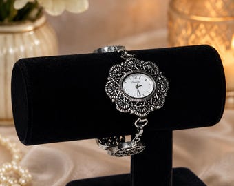 1990s Working Quartz Geneva Silvre tone Filigree Bracelet Watch - Ornate Boho Victorian Style Wristwatch