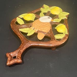 Può includere: Sottopentola in ceramica con design a ramo marrone, un uccello posato su un ramo, frutta gialla e foglie verdi. L'uccello ha la testa bianca e il corpo marrone chiaro. Per piatti caldi.