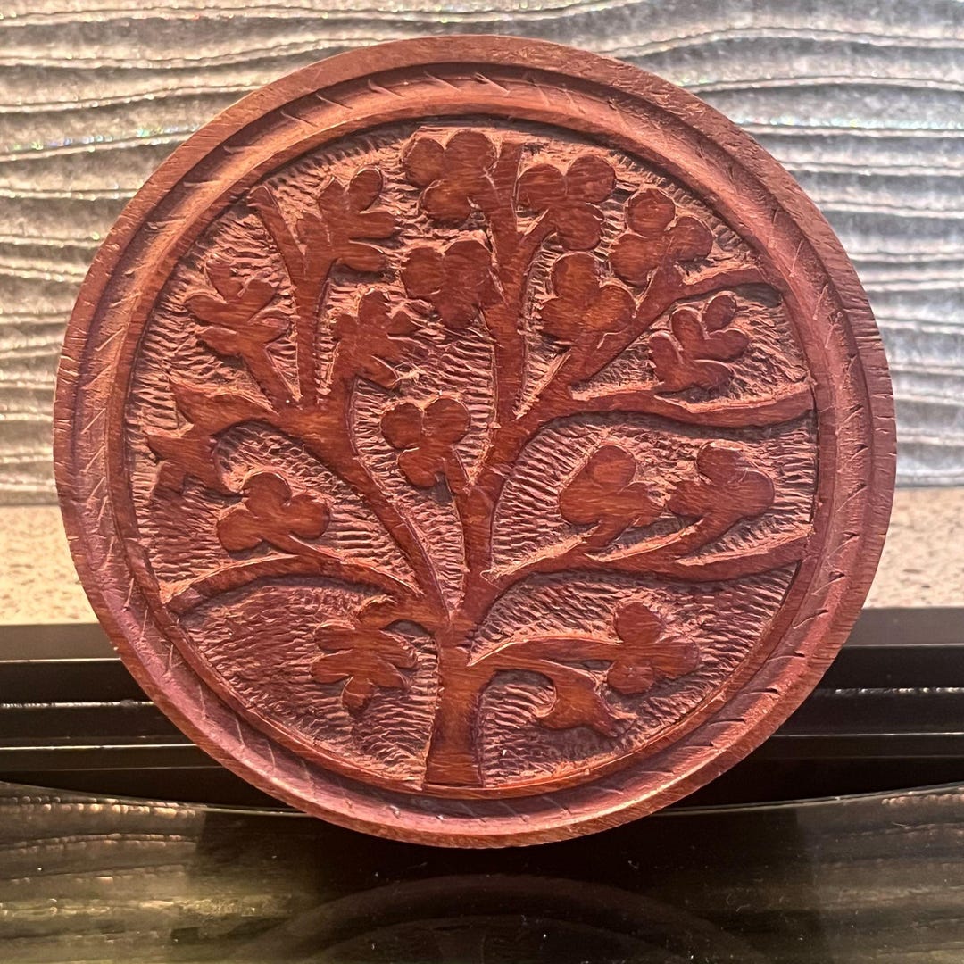 Mair Boomie Wooden Carved Tree Round Box Made in India - Etsy