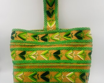 Groovy Green Goddess Tote - Retro embroidered Burlap Boho Bag - 70s earthy Chic Carryall