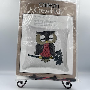 Vintage 1977 Caron Crewel Kit - Sleeping Owl Pillow 14&quot;x 14&quot; - Unused