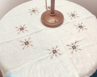 Vintage Hand Embroidered European Off White with Taupe Thread Linen Tablecloth - European Cutwork - 1940s-1950s
