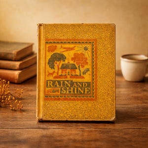Pode incluir: Um livro vintage intitulado "Rain and Shine" com capa amarela e padrões florais decorativos. A capa apresenta uma ilustração colorida de uma casa, árvores e o sol. O livro está colocado sobre uma superfície de madeira.