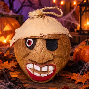 May include: A brown coconut carved into a pirate face with a single red eye, a black eye patch, and a wide mouth with white teeth. The coconut wears a tan fabric head covering with a thick, knotted rope loop attached to the top for hanging.