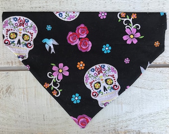 dog/cat bandana, over the collar dog bandana, sugar skull bandana, dog scarf,