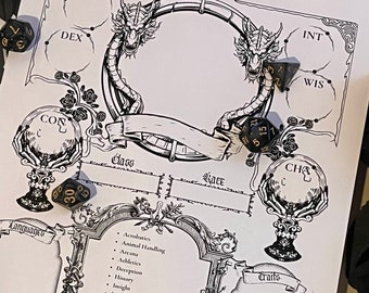 Könnte beinhalten: Ein Schwarzweiß-Charakterbogen für ein Rollenspiel. Der Bogen hat Platz für Charakterwerte, Fähigkeiten und Fertigkeiten. Es gibt auch Platz für den Namen, die Rasse und die Klasse des Charakters. Der Bogen ist mit einem Drachenmotiv verziert.