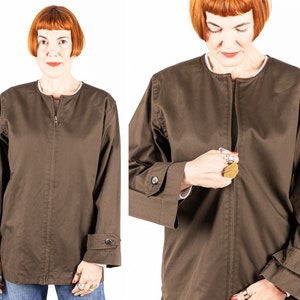 Vintage 70s - 80s Yves Saint Laurent YSL Rive Gauche brown jacket - women&#39;s beige zip military-style top - made in France - size S / M