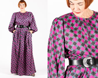 Vintage 80s Yves Saint Laurent YSL Rive Gauche skirt and blouse set - magenta, blue and black checkered maxi - made in France - size S / M