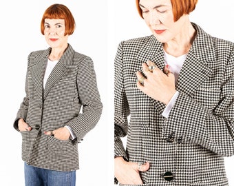 Vintage 70s Yves Saint Laurent YSL Rive Gauche black and white houndstooth blazer - 100% wool women's jacket - made in France - size S / M