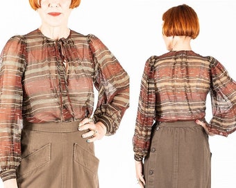 Vintage 70s - 80s Yves Saint Laurent YSL Rive Gauche sheer brown striped silk blouse - chiffon boho / peasant top - made in France - size S