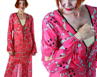 Vintage 90s Allegra Hicks caftan - sheer coral silk w/ gray & black geometric flower print - pink maxi robe w/ empire waist - size S / M