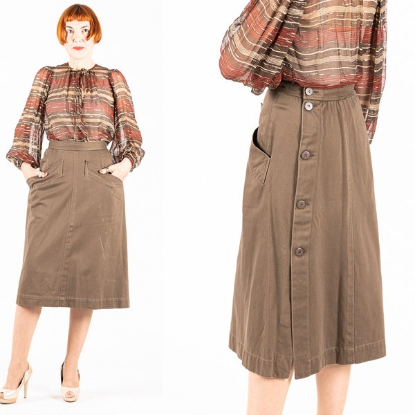 Vintage 70s - 80s Yves Saint Laurent YSL Rive Gauche brown midi skirt with side buttons - boho / casual wear - made in France - size S / XS