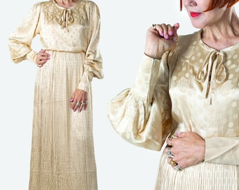 Vintage 80s beige silk dress by Ungaro Parallèle Paris - Edwardian-style floor length cocktail / wedding / mother of bride gown - Size M