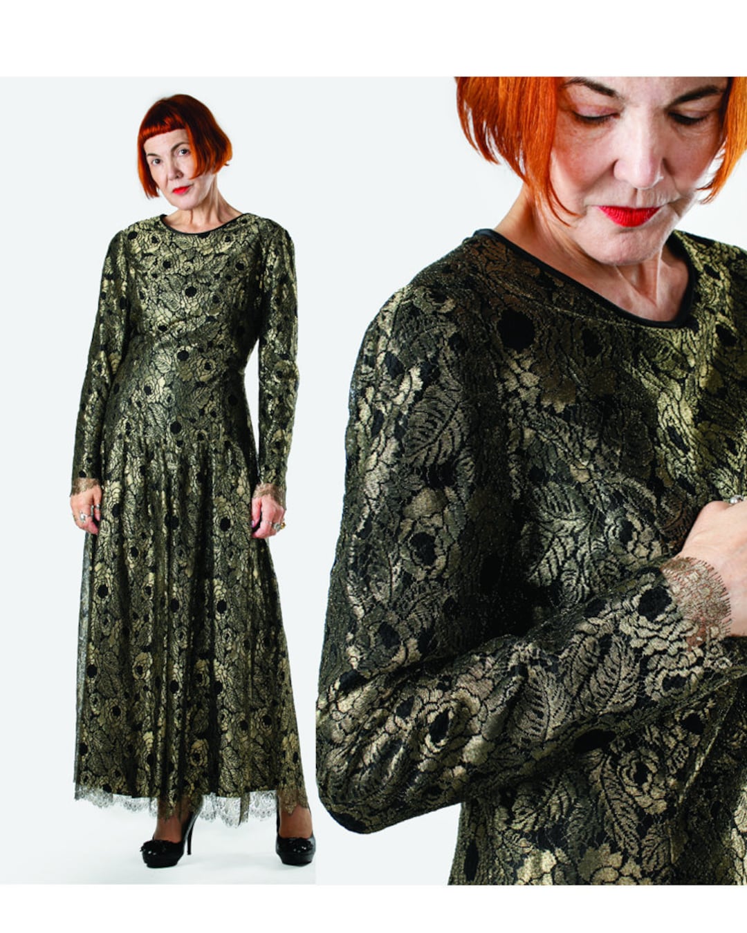 Vintage 80s Caroline Charles evening gown in gold lace with Black lining, drop waist - Retro 1930s style dress - made in England - Size M