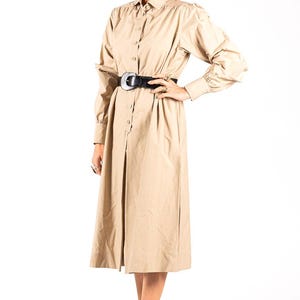 Vintage 70s - 80s Yves Saint Laurent YSL Rive Gauche beige safari dress - khaki buttoned tea length coat - made in France - size S / M