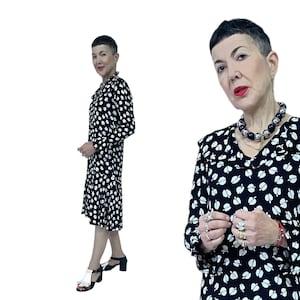 Vintage 70er Jahre Saint Laurent Rive Gauche Kleid - schwarz-weißes Kleid mit Blumen / abstraktem Apfelmotiv