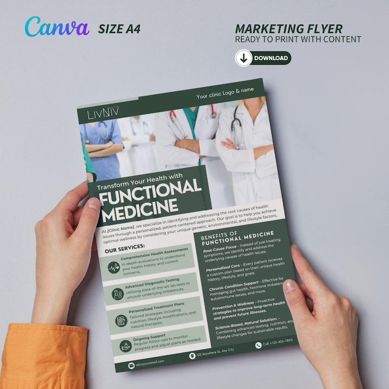 May include: A green and white marketing flyer for a functional medicine clinic. The flyer features a photo of doctors and the text "Transform Your Health with Functional Medicine". The flyer lists the benefits of functional medicine, including root-cause focused care, personalized care plans, chronic condition support, prevention and wellness, and science-based natural solutions.
