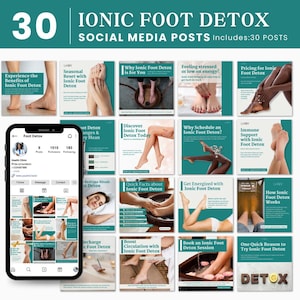 May include: A collage of 30 social media posts promoting ionic foot detox. The posts feature images of feet in detox baths, text about the benefits of ionic foot detox, and calls to action to book a session.