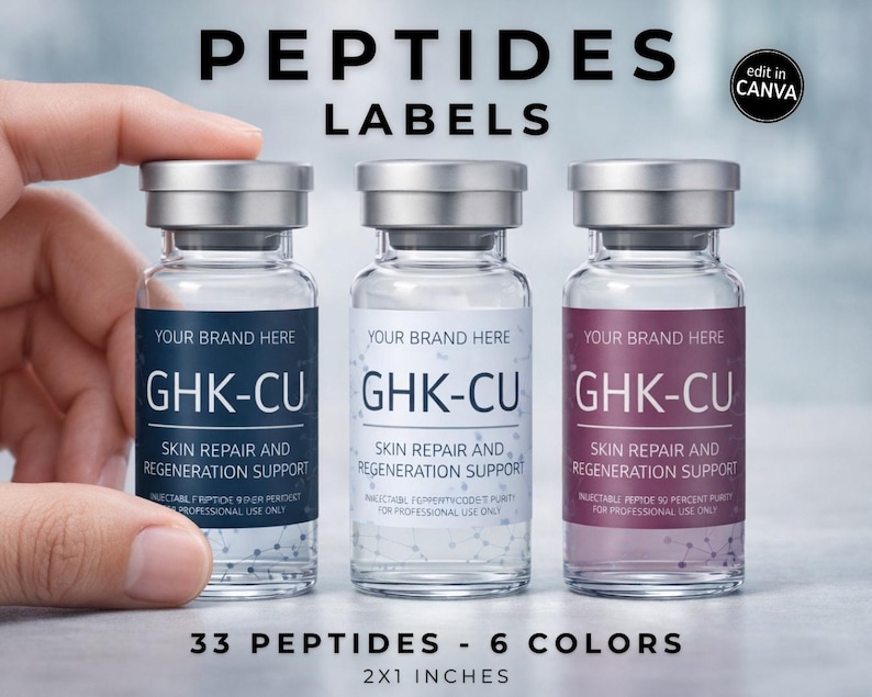 Professional peptide vial label Canva template set for clinics and wellness businesses