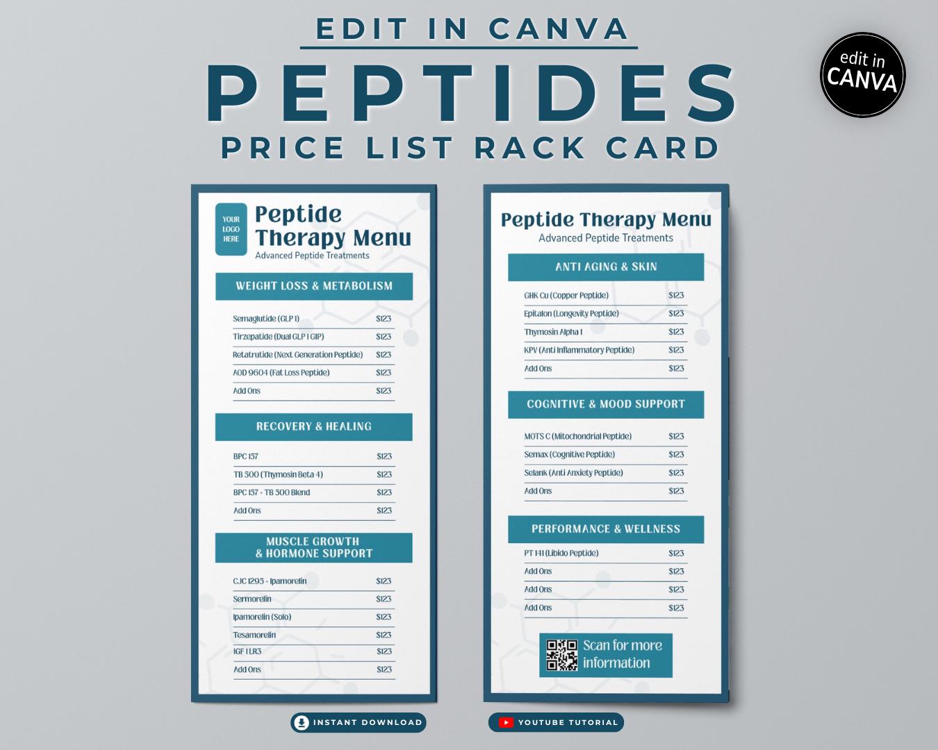 ipamorelin peptide pricelist Peptide Therapy Menu Rack Card Template Peptide treatment Price List Canva  Printable Wellness Center & Medspa Marketing
