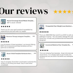 May include: Image featuring customer reviews for digital templates. The text "Our reviews" is at the top, with five gold stars. Reviews highlight ease of use and customization for templates like social media and flyer designs.