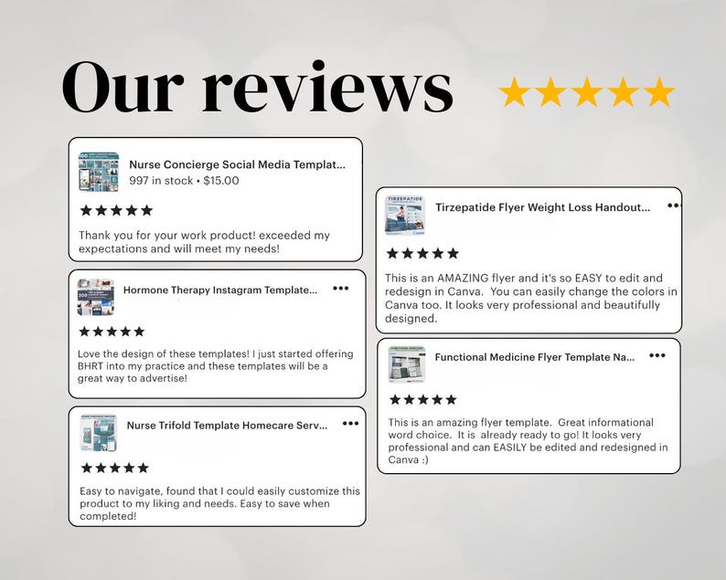 May include: Image featuring customer reviews for digital templates. The text "Our reviews" is at the top, with five gold stars. Reviews highlight ease of use and customization for templates like social media and flyer designs.
