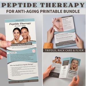 Pacote de marketing para terapia com peptídeos, modelo de panfleto antienvelhecimento para Canva, folheto para Medspas, cartão de visita para centro de bem-estar para impressão, kit editável