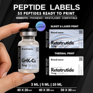 May include: A digital template set for peptide labels featuring 55 designs compatible with Niimbot, Phomemo, and inkjet or laser printers. The labels include placeholders for brand names, GHK-Cu or Retatrutide text, 5mg dosage, and QR codes.