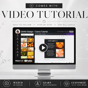 May include: A computer monitor displaying a Canva tutorial video titled LivNiv Design. The screen shows a Vitamin C graphic design project with orange imagery. Text overlays include COMES WITH VIDEO TUTORIAL, EASY TO FOLLOW, STEP-BY-STEP, FOR ALL LEVELS.