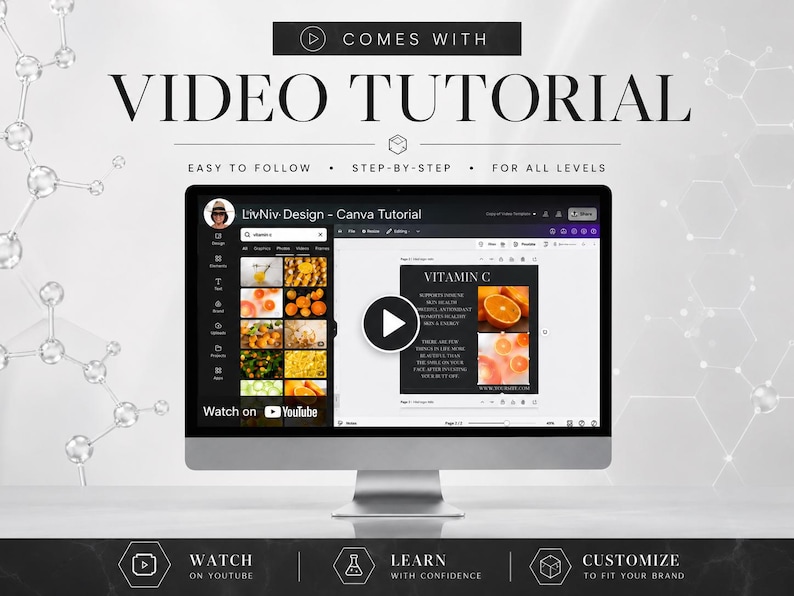May include: A computer monitor displaying a Canva tutorial video titled LivNiv Design. The screen shows a Vitamin C graphic design project with orange imagery. Text overlays include COMES WITH VIDEO TUTORIAL, EASY TO FOLLOW, STEP-BY-STEP, FOR ALL LEVELS.
