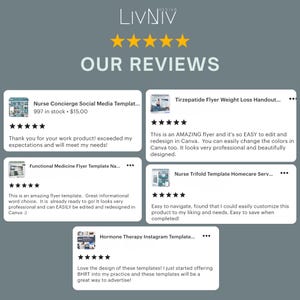 May include: A promotional graphic with the text "OUR REVIEWS" and five gold stars. The graphic showcases customer reviews for various templates, including social media, flyer, and Instagram templates. The reviews highlight ease of use and professional design.
