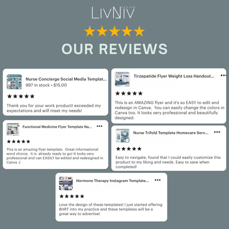 May include: A promotional graphic with the text "OUR REVIEWS" and five gold stars. The graphic showcases customer reviews for various templates, including social media, flyer, and Instagram templates. The reviews highlight ease of use and professional design.