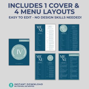 May include: A digital download featuring a menu template with a teal and white color scheme. The design includes a cover and four menu layouts. Text on the image includes "Includes 1 Cover & 4 Menu Layouts" and "Easy to Edit - No Design Skills Needed!"