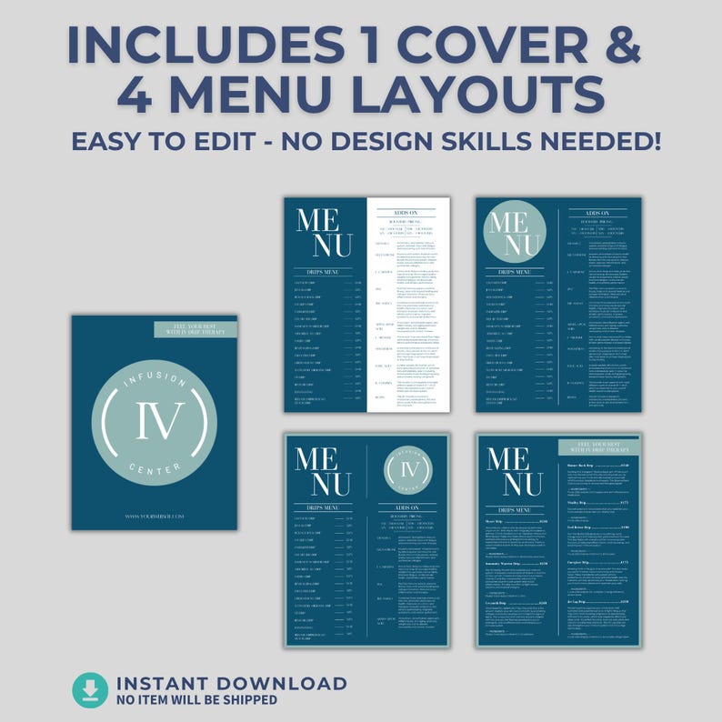 May include: A digital download featuring a menu template with a teal and white color scheme. The design includes a cover and four menu layouts. Text on the image includes "Includes 1 Cover & 4 Menu Layouts" and "Easy to Edit - No Design Skills Needed!"