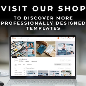 May include: A laptop screen displaying an Etsy shop page titled LivNivDesign, featuring various digital templates, product listings, and a shop banner. The text at the top reads: VISIT OUR SHOP TO DISCOVER MORE PROFESSIONALLY DESIGNED TEMPLATES.