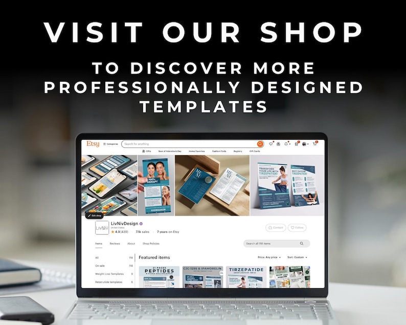 May include: A laptop screen displaying an Etsy shop page titled LivNivDesign, featuring various digital templates, product listings, and a shop banner. The text at the top reads: VISIT OUR SHOP TO DISCOVER MORE PROFESSIONALLY DESIGNED TEMPLATES.
