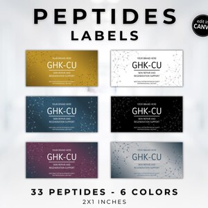 May include: A set of six rectangular labels in various colors, including gold, white, navy, black, purple, and silver. Each label features the text "GHK-CU SKIN REPAIR AND REGENERATION SUPPORT" and is 2 x 1 inches in size. The image also states "33 PEPTIDES - 6 COLORS".