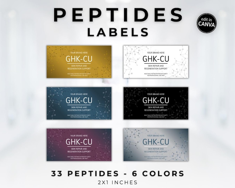 May include: A set of six rectangular labels in various colors, including gold, white, navy, black, purple, and silver. Each label features the text "GHK-CU SKIN REPAIR AND REGENERATION SUPPORT" and is 2 x 1 inches in size. The image also states "33 PEPTIDES - 6 COLORS".