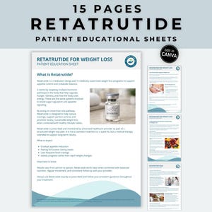 Pode incluir: Um documento digital intitulado "Folhas Educacionais para Pacientes Retatrutide" com o texto "15 páginas" no topo. O documento inclui informações sobre perda de peso, com um frasco de medicamento e o logotipo Canva.
