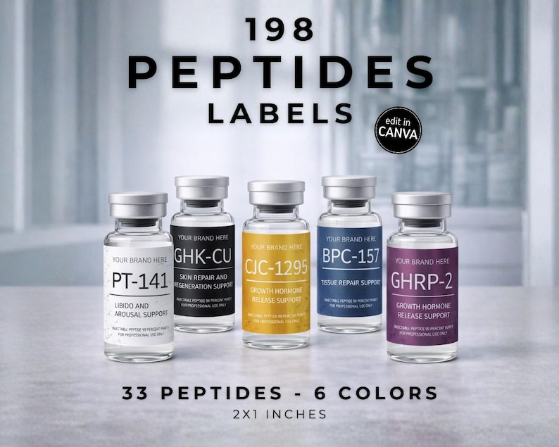Canva editable peptide labels template featuring multiple peptide names in a clean medical design