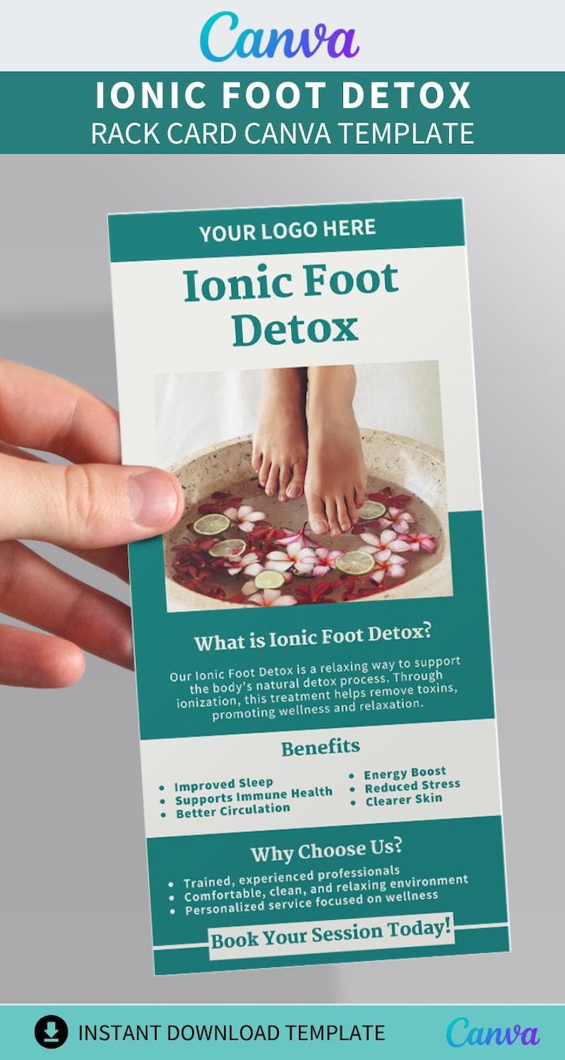 Ionic Foot Detox Rack Card Template Editable Canva Design Natural Detox ...