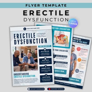 Op de afbeelding: Een flyer-sjabloon voor erectiestoornissen met drie overlappende pagina's in blauwe en witte kleurenschema's. De tekst bevat koppen zoals Erectile Dysfunction, Understanding the Causes, Signs & Treatment Options, en secties over gezondheid, mentale gesteldheid, hormonen en levensstijlfactoren.