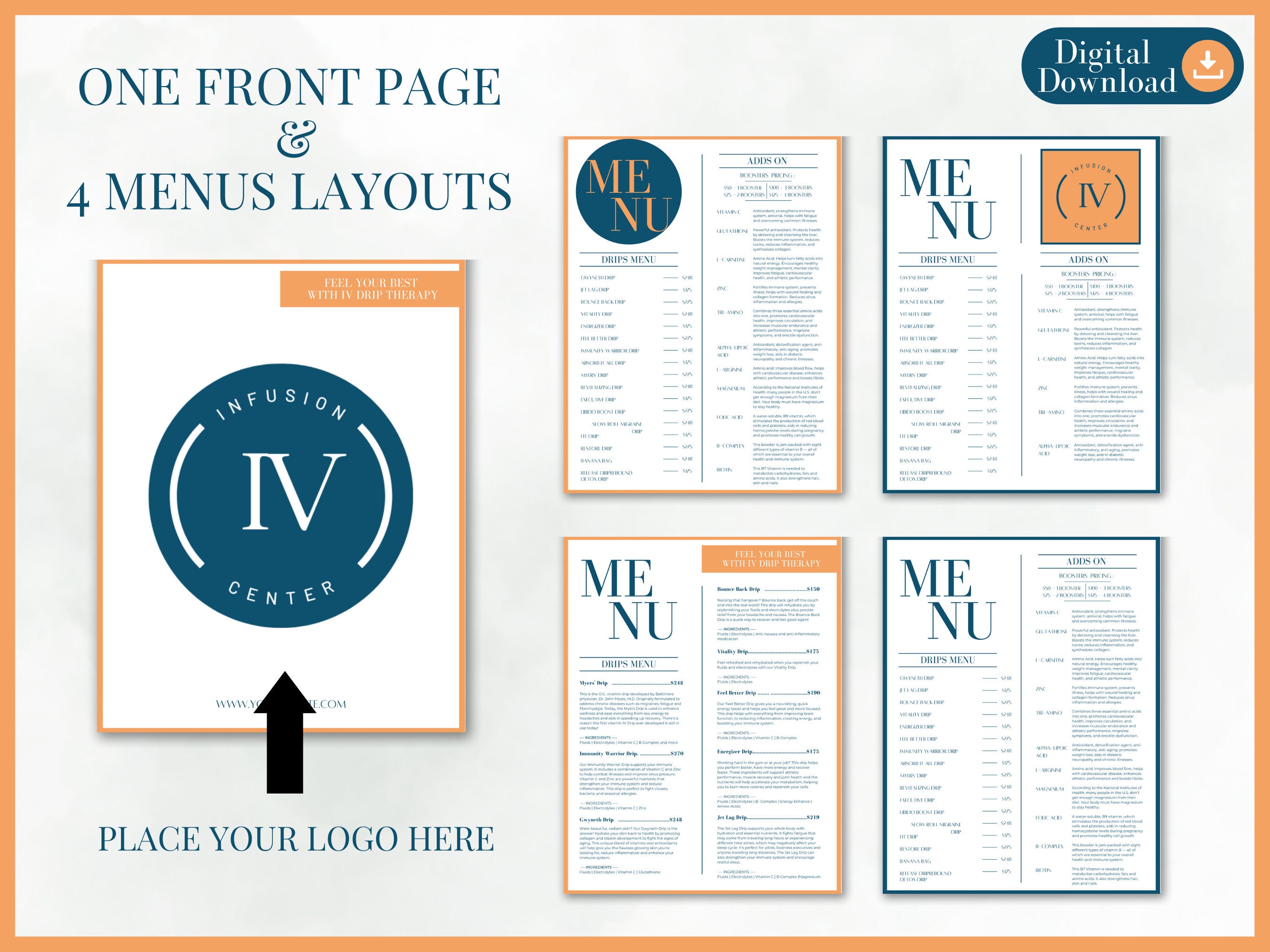 IV Printable Menu Digital Download Canva Template Orange IV Therapy ...
