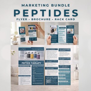 以下が含まれることがあります： 「PEPTIDES」という言葉が大きく表示された、チラシ、パンフレット、ラックカードを含むマーケティングバンドル。パンフレットとチラシは手で持たれており、ペプチド療法に関する詳細を紹介しています。バンドルには製品ボトルも含まれています。