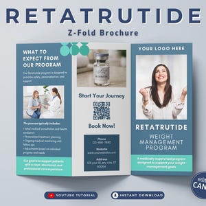 K&ouml;nnte beinhalten: Eine blau-t&uuml;rkisfarbene Z-Falz-Brosch&uuml;re mit dem Titel "RETATRUTIDE" mit Informationen zu einem Gewichtsmanagementprogramm. Die Brosch&uuml;re enth&auml;lt Bilder, Text, einen QR-Code und Kontaktinformationen. Die Brosch&uuml;re hat auch eine Schaltfl&auml;che "YouTube-Tutorial" und "Sofort-Download".