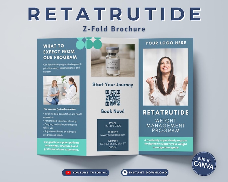 K&ouml;nnte beinhalten: Eine blau-t&uuml;rkisfarbene Z-Falz-Brosch&uuml;re mit dem Titel "RETATRUTIDE" mit Informationen zu einem Gewichtsmanagementprogramm. Die Brosch&uuml;re enth&auml;lt Bilder, Text, einen QR-Code und Kontaktinformationen. Die Brosch&uuml;re hat auch eine Schaltfl&auml;che "YouTube-Tutorial" und "Sofort-Download".