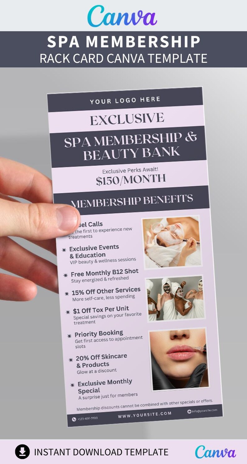 May include: A spa membership rack card template from Canva. The design features a purple and white color scheme with text that reads "Exclusive Spa Membership & Beauty Bank." Benefits include exclusive events, discounts, and priority booking.